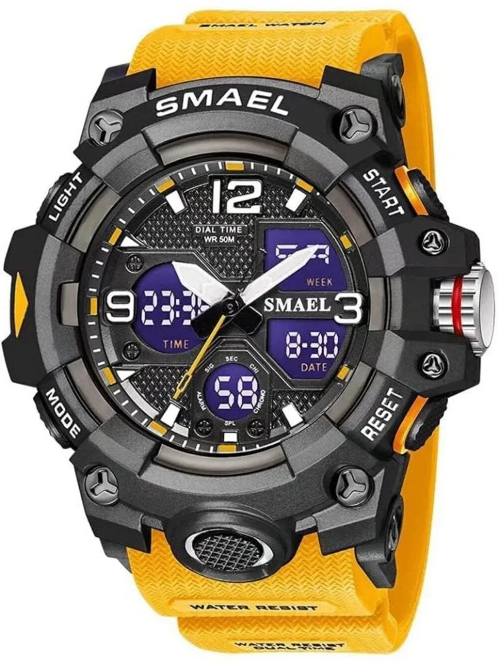 Men's Yellow Analog Quartz S-Shock Waterproof Outdoor Sports LED Digital Watch